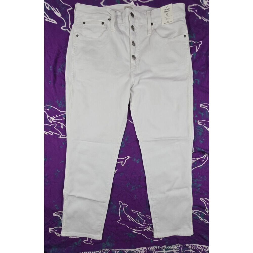 J Crew 10" Vintage Straight Jeans Button Fly High Rise White Size 33 NWT